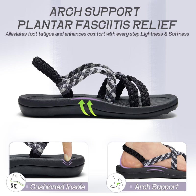 MEGNYA Women's Athletic Hiking Dressy Sandals, Waterproof River Slide Sandals for Women, Arch Support Shoes with Soft Ropes for Walking Vacation Sport Black Grey Size 10 - Image 3